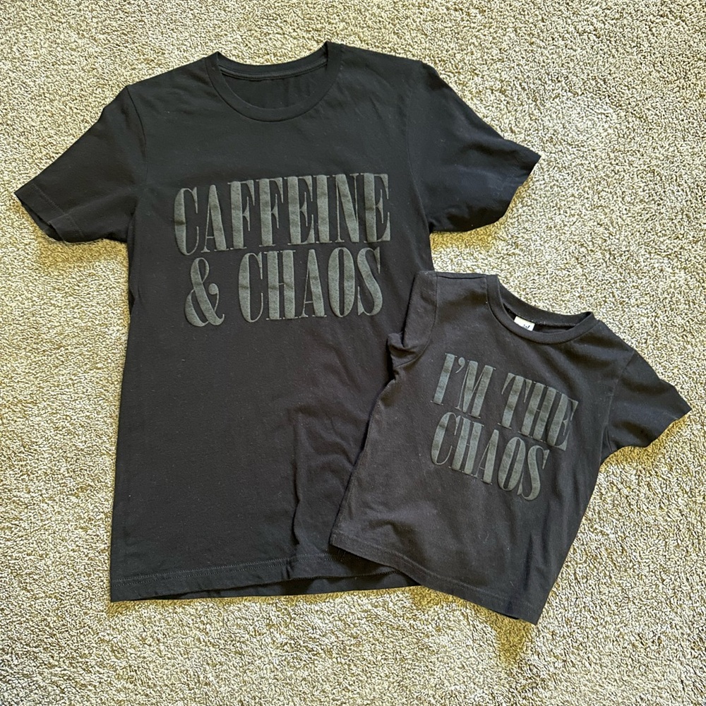 Mommy and Me Black Graphic T-shirts set. 3T toddler shirt, Adult small shirt.